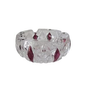 Vintage Crystal Clear Cut Glass Ashtray Purple Ruby Diamond Accent 1980s